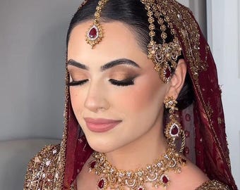 Pakistani Ruby Bridal Set, Antique Gold Necklace & Earrings