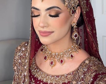 Ruby Bridal Set, CZ American Diamond Choker, Gold Wedding Necklace