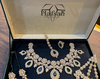 Emerald Bridal Set, Green CZ Statement Necklace with Jhoomar and Earrings, Wedding Jewelry Gift