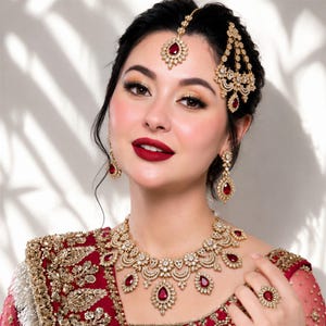 May include: A gold-toned jewelry set featuring a necklace, earrings, a maang tikka, and a ring, all adorned with clear crystals and teardrop-shaped red stones. The necklace has a layered design with dangling red stones, matching the other pieces.