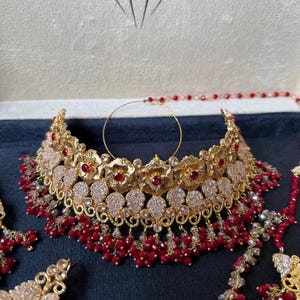 Ruby Red Pakistani Bridal Set, Royal Wedding Choker, Long Mala, AD Necklace, Nikkah Jewelry