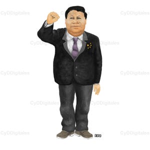 Puede incluir: Ilustración de un hombre con traje negro y corbata morada, levantando el puño cerrado. El traje tiene un emblema de estrella. El hombre lleva pantalones grises y zapatos marrones. La imagen tiene fondo blanco.