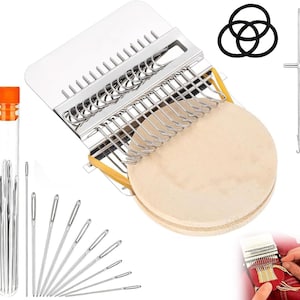 May include: A craft kit featuring a metal sock knitting tool with hooks, a wooden base, and a clear tube of needles. Also included are black rubber bands and a metal hook tool. The kit is designed for creating socks.