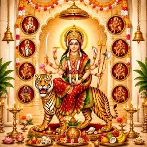 May include: A depiction of the Hindu goddess Durga with multiple arms, wearing a red and green sari and gold jewelry, seated on a tiger. The scene includes eight circular frames showing various deities, hanging floral garlands, and brass oil lamps.