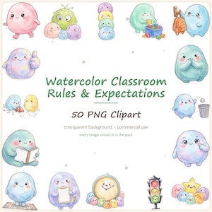 May include: A collection of watercolor illustrations featuring round, colorful characters in various activities. The text reads Watercolor Classroom Rules & Expectations 50 PNG Clipart. The characters are shown reading, playing with blocks, and interacting with objects like a clock and traffic light.