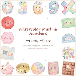 Puede incluir: Una colección de imágenes prediseñadas en acuarela sobre matemáticas y números, que incluye cifras en tonos pastel, formas geométricas, un transportador, una cinta métrica, una hucha, un cuaderno y una tableta de chocolate con caras sonrientes.