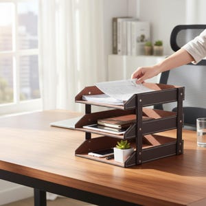 Può includere: Un organizer da scrivania marrone e beige a tre livelli con cuciture bianche. L'organizer contiene documenti, un tablet, un taccuino, una penna e una piccola pianta in vaso. Una persona sta mettendo un foglio nel vassoio superiore.