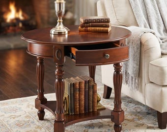 Oval Cherry Wood End Table with Drawer, 2 Tier Victorian Nightstand, Solid Wood Side Table, Cherry Walnut