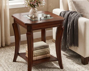 Solid Wood Side Table with Glass Top, Traditional 2 Tier End Table, Vintage Cherry Walnut Accent Furniture