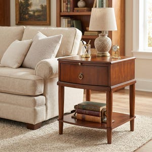 May include: A square wooden end table with a single drawer featuring a brass ring pull and a lower shelf holding three stacked books. On top sits a table lamp with a patterned ceramic base and a beige shade, a pen holder, and a small clock.