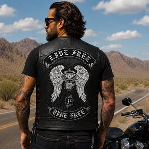 May include: A black leather vest featuring a large back patch with white embroidered wings, a motorcycle engine graphic, the text "LIVE FREE" and "RIDE FREE" in a gothic font, and a "1%" emblem, with side lace-up detailing and a smooth finish.