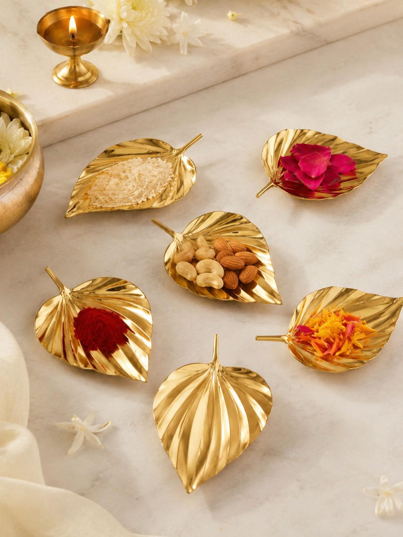 Brass Betel Leaf Shaped Tray Set of 6, Indian Pooja Decor, Decorative Leaf Plates