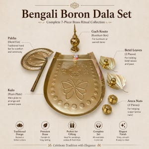 May include: A complete 7-piece brass Bengali Boron Dala set. The set includes a hand fan, a paan plate, a kumkum box, betel leaves, and areca nuts. The items are gold-colored and designed for traditional rituals. The text on the image says "Celebrate Tradition with Elegance."