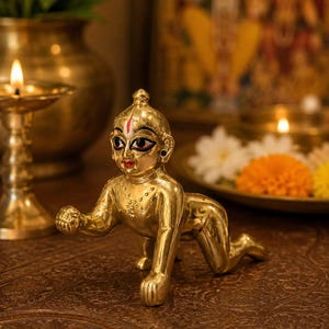 Könnte beinhalten: Eine polierte Messingfigur einer krabbelnden Kindergottheit mit bemalten Gesichtsdetails, großen Augen, roten Lippen und einem weiß-roten Tilak-Zeichen auf der Stirn. Die Figur ist in einer krabbelnden Position mit einer nach vorne gestreckten Hand.