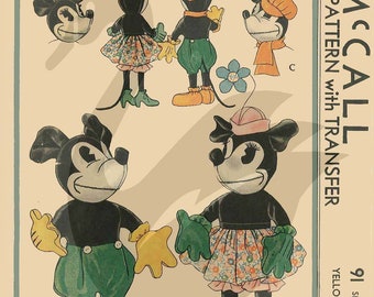 Reproduction 1933 Mickey & Minnie Mouse 18" Doll Sewing Pattern McCall 91 PDF