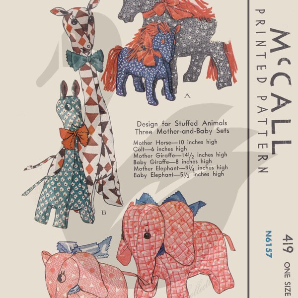 Reproduction Mother & Baby Stuffed Toys Sewing Pattern M419 PDF