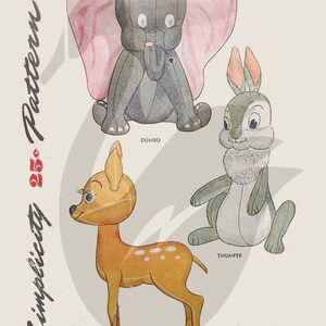 May include: Vintage Simplicity sewing pattern featuring Disney characters: Dumbo the elephant, Bambi the deer, and Thumper the rabbit. The pattern is for making plush toys and is labelled "Original (w) Walt Disney... Design".