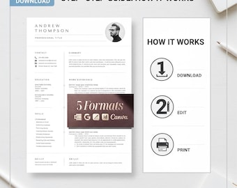 Minimalistische cv-sjabloon met foto, cv-sjabloon Google Docs, Word & Pages, Indesign cv-sjablonen mannelijk of vrouwelijk,