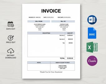 Afdrukbaar factuursjabloon voor bedrijven en services: bewerkbaar factuurbewijs in Google Documenten, MS Word