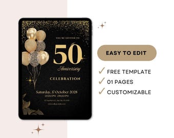 Elegante zwart-gouden verjaardagsuitnodiging, 50e of elke leeftijd, aanpasbare feestuitnodiging — digitaal of bedrukt