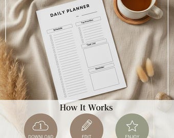 Minimalistische dagelijkse plannersjabloon: afdrukbaar schema, takenlijst (A4, A5, Letter) en gemakkelijk bewerkbaar op canvas