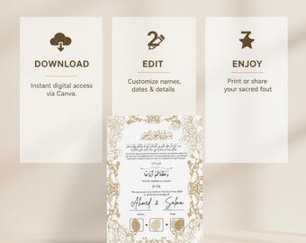 Luxe Nikkah-certificaat, premium Nikkah-contractsjabloon, bewerkbaar Nikkah-certificaat, digitaal Nikkah-contract, gouden islamitische Nikah Nama