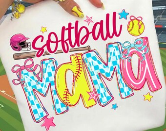 Preppy Softball Mama Bow Glitter Png, Softball Game Day Png, Softball Mom PNG, Sports Mom Design, Checkered Mama, Girly Png, Home Run Png