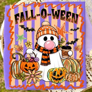May include: A light purple t-shirt featuring a graphic of a white ghost wearing an orange polka-dot beanie and a striped scarf. The ghost holds a pumpkin bucket and a coffee cup. The text FALL-O-WEEN appears above, surrounded by bats and pumpkins.