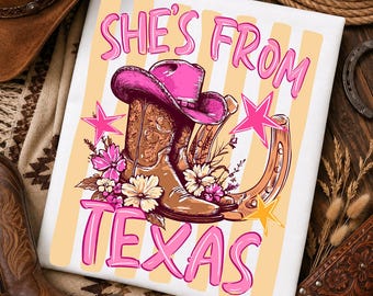 Striped She's From Texas PNG, Western Coquette Bow Design, Coastal Cowgirl, Cowboy Boot Hat Bow Horseshoe, Vintage Style Texas Girl Png