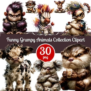 May include: A digital collection of 30 PNG files featuring illustrations of grumpy animals including a purple gorilla, a tiger, a zebra with a colorful mane, a donkey, a bird with peacock feathers, a spotted calf, a koala, and an otter.