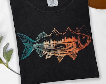Comfort Colors® Fishing Shirt, Outdoor Angler Shirt, Bass Fishing Shirt, Mountain Lake Fish Shirt, Nature Lover Shirt, Fisherman Gift Shirt