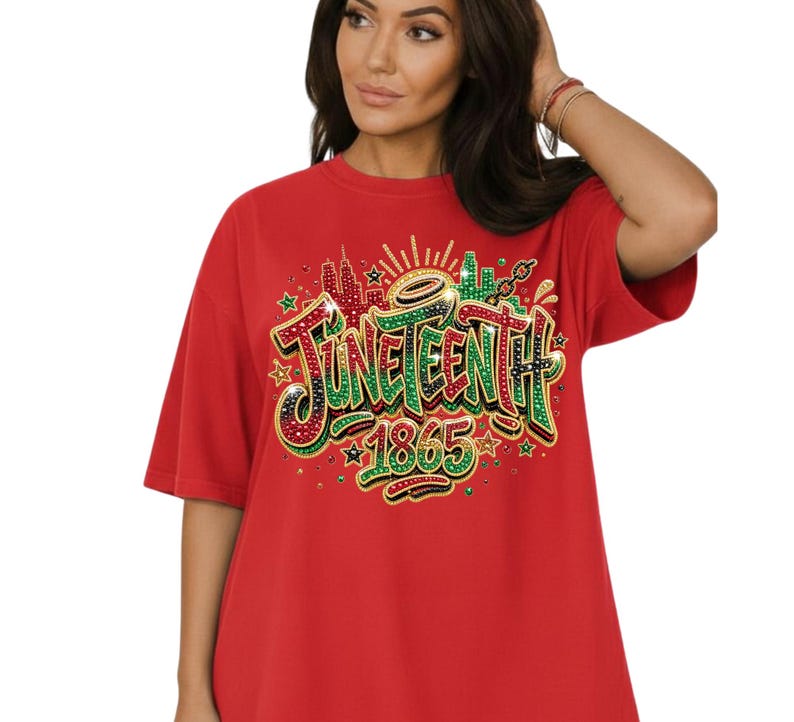 A woman wearing a red t-shirt with the text "JUNE TEENTH" and "1865" printed on it.