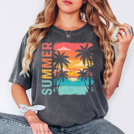 Comfort Colors® Summer Beach Shirt, Retro Summer Tee, Palm Tree Shirt, Vacation Tee, Coastal Shirt, Sunset Beach Shirt