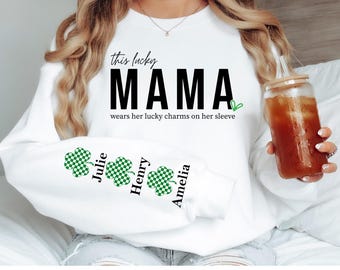 Lucky Mama St Patrick’s Day Sweatshirt, Personalized Mama Sweatshirt with Kids Names, Shamrock Sleeve Irish Mom Gift, Custom Mom Gift