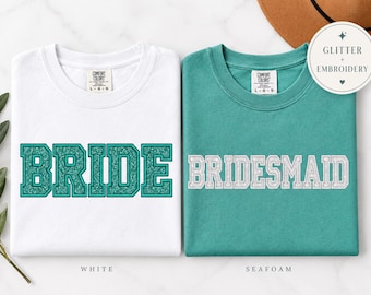 Comfort Colors® Glitter Embroidered Bride Bridesmaid Tee Sparkle Bridal Party Shirt Matching Bachelorette Wedding Shirts Bride Gift