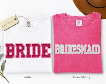 Comfort Colors® Glitter Embroidered Bride Bridesmaid Tee Sparkle Bridal Party Shirt Matching Bachelorette Wedding Shirts Bride Gift