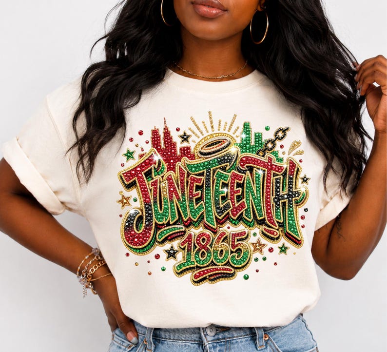 A woman wearing a white t-shirt with a colorful graphic design that says "JUNE TEEN 1865" and features various decorative elements such as stars, hearts, and a city skyline.