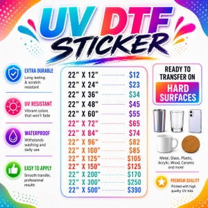 May include: A colorful graphic promoting UV DTF stickers, highlighting features like durability, UV resistance, and waterproof qualities. The image lists various sizes, from 22" x 12" to 22" x 500", and showcases examples of items the stickers can be applied to.
