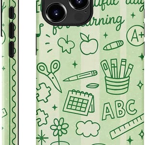 May include: A light green phone case with a repeating pattern of white vertical stripes and school-themed doodles. The case features the text "Beautiful day for learning" and "Mrs. Smith" at the bottom.