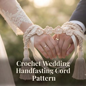 May include: A cream-colored crochet handfasting cord featuring a series of floral motifs with central pearl-like beads, braided rope sections, and long hanging tassels at each end, accented with smooth satin ribbons tied around the wrists.