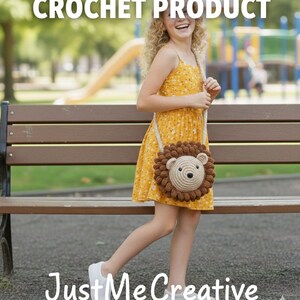 May include: A crochet lion-shaped crossbody bag with a beige face, brown mane, and a white strap. The bag is held by a person wearing a yellow floral dress. The text "CROCHET PRODUCT" and "JustMeCreative" are visible.