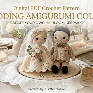 May include: A crocheted wedding amigurumi couple, a bride and groom, holding hands on a wooden base. The bride wears a veil and holds a bouquet. The text "Digital PDF Crochet Pattern WEDDING AMIGURUMI COUPLE" is at the top.