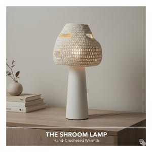 May include: A white mushroom-shaped table lamp with a hand-crocheted lampshade. The lamp has a white base and a textured, off-white lampshade with cut-out sections. The text "THE SHROOM LAMP" and "Hand-Crocheted Warmth" are at the bottom.