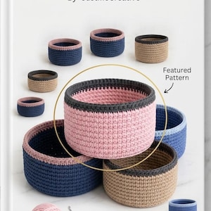 May include: Image of various crocheted baskets in different sizes and colors, including pink, blue, and tan. The text "Cool Blue Basket" and "Beginner-Friendly Version" is visible. The baskets are handmade and have a textured appearance.