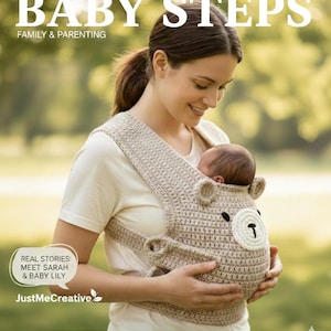 Puede incluir: Una mujer sostiene a un bebé en un portabebés de ganchillo beige con forma de oso. La imagen es una portada de revista con el texto "BABY STEPS" y "FAMILY & PARENTING". El texto adicional incluye "REAL STORIES: MEET SARAH & BABY LILY" y "THE JOY OF SPRING: NURTURING NEW LIFE".