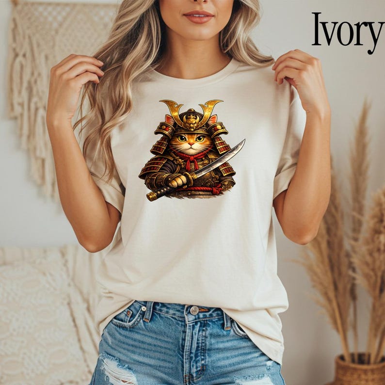Comfort Colors® Samurai Cat Shirt, Japanese Warrior Cat T-Shirt, Anime Cat Samurai Graphic Tee, Vintage Style Cat Shirt, Gift for Cat Lovers image 4
