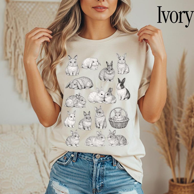 Jaren 90 vintage tattoo-stijl shirt, retro comfort kleuren Y2k konijntje shirt, Cottage core Animal T-shirt, uniseks grafisch T-shirt Ivory