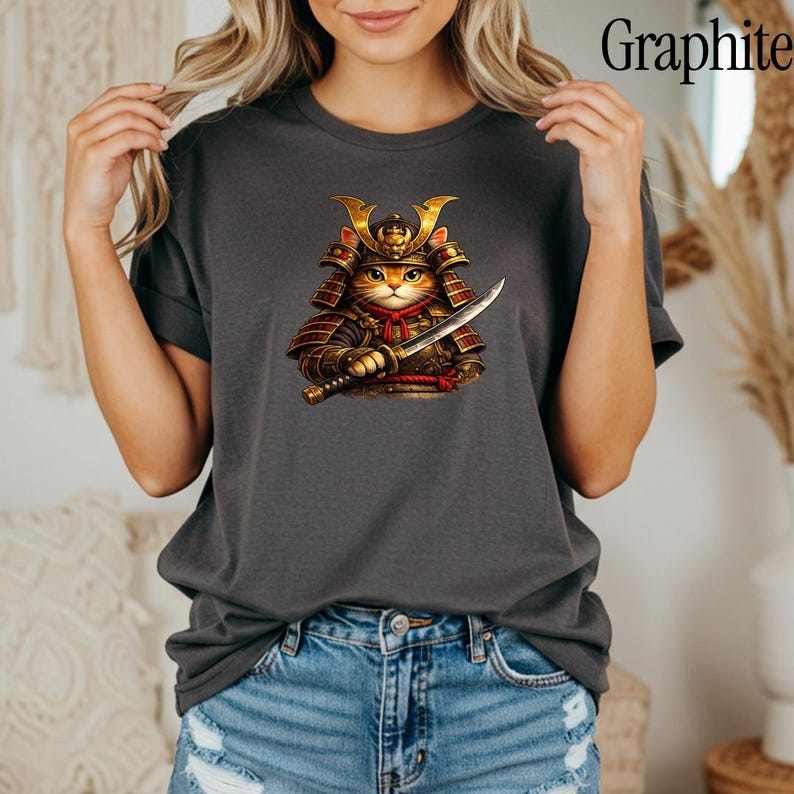 Comfort Colors® Samurai Cat Shirt, Japanese Warrior Cat T-Shirt, Anime Cat Samurai Graphic Tee, Vintage Style Cat Shirt, Gift for Cat Lovers image 6