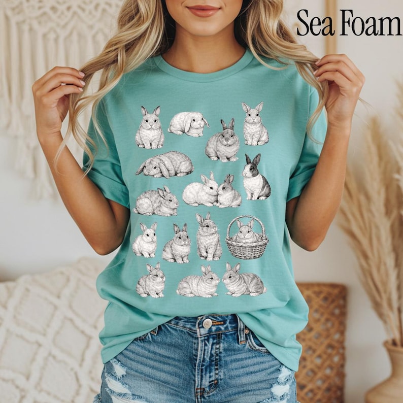 Jaren 90 vintage tattoo-stijl shirt, retro comfort kleuren Y2k konijntje shirt, Cottage core Animal T-shirt, uniseks grafisch T-shirt Seafoam