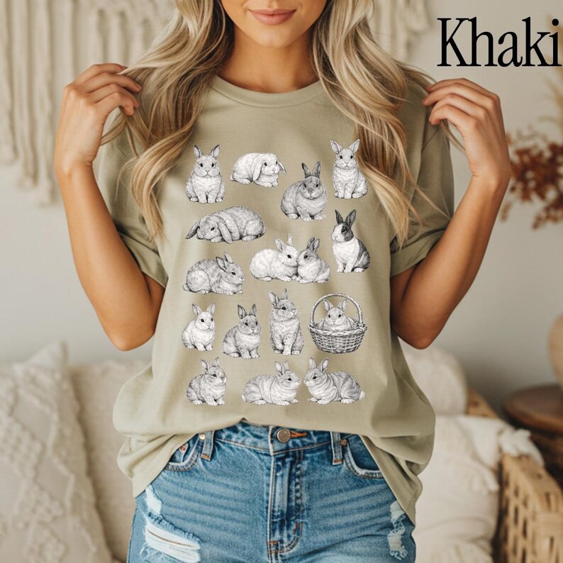 Jaren 90 vintage tattoo-stijl shirt, retro comfort kleuren Y2k konijntje shirt, Cottage core Animal T-shirt, uniseks grafisch T-shirt Khaki